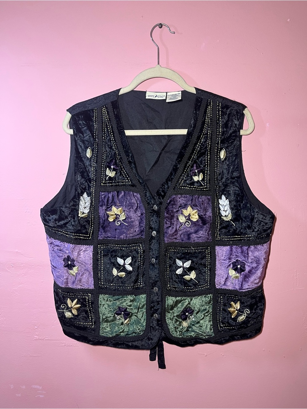 Vintage Womens Embroidered Patchwork Paisley Vest White Stag Velvet XL